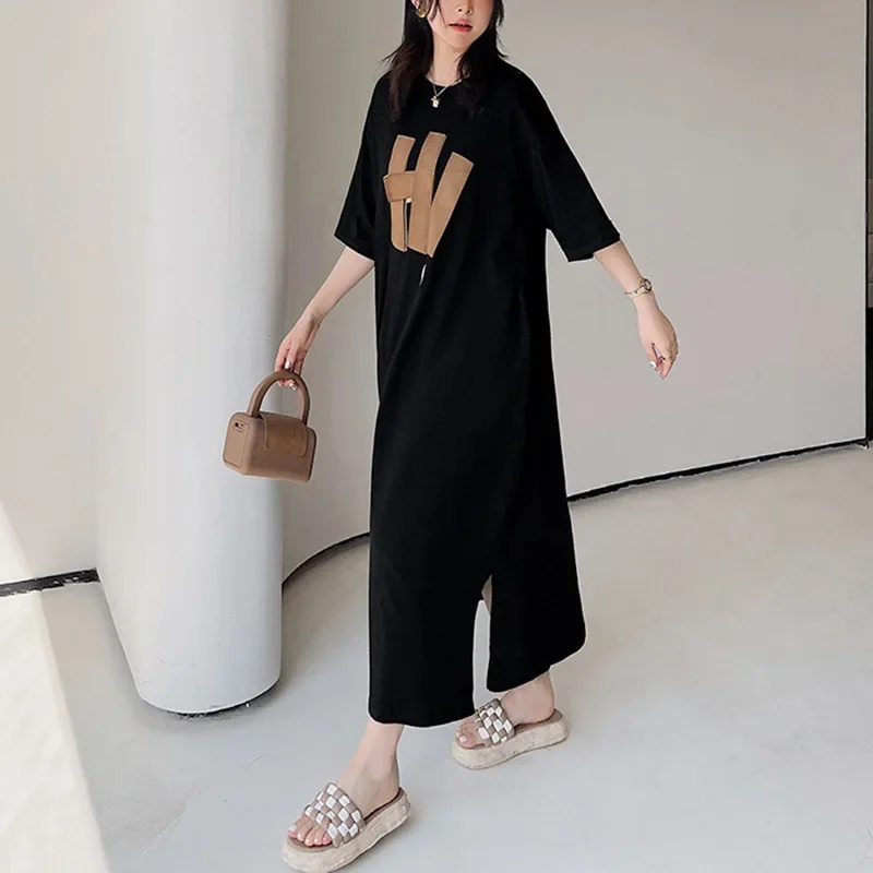 New Women Hi Letter Split Dresses Loose Casual T-shirts Dress Nightdress Spring Summer Short Sleeve Long Nightgown Fashion Tops