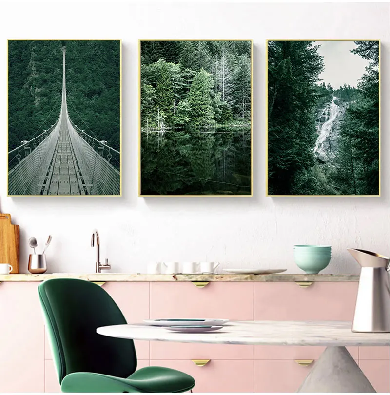 Forest Waterfall Bridge Landscape Picture Scandinavian  Scenery Nature Canvas Wall Art Print Painting Nordic Decoation