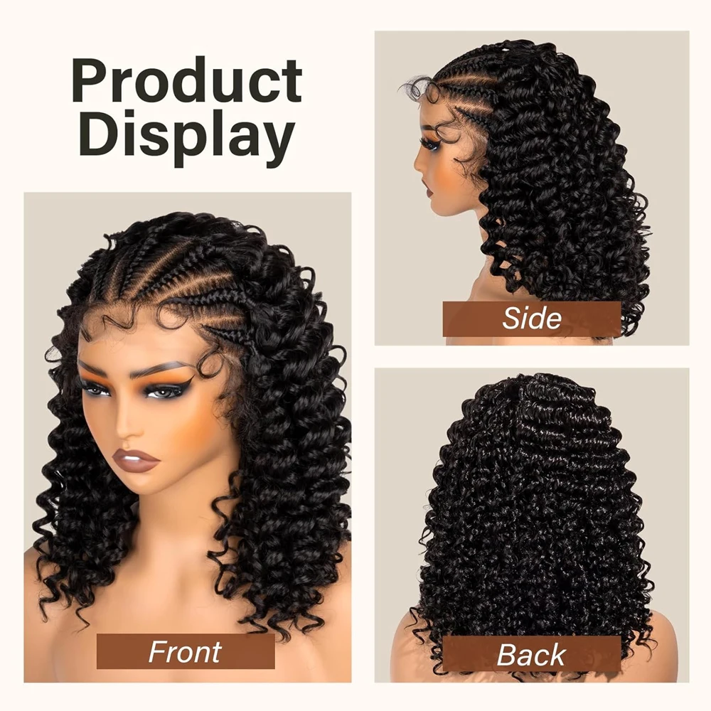 Peruki typu Curly Bob 13x6 Lace Frontal z warkoczykami Cornrow, 14-calowe peruki syntetyczne z głębokimi falami i baby hair dla czarnoskórych kobiet.