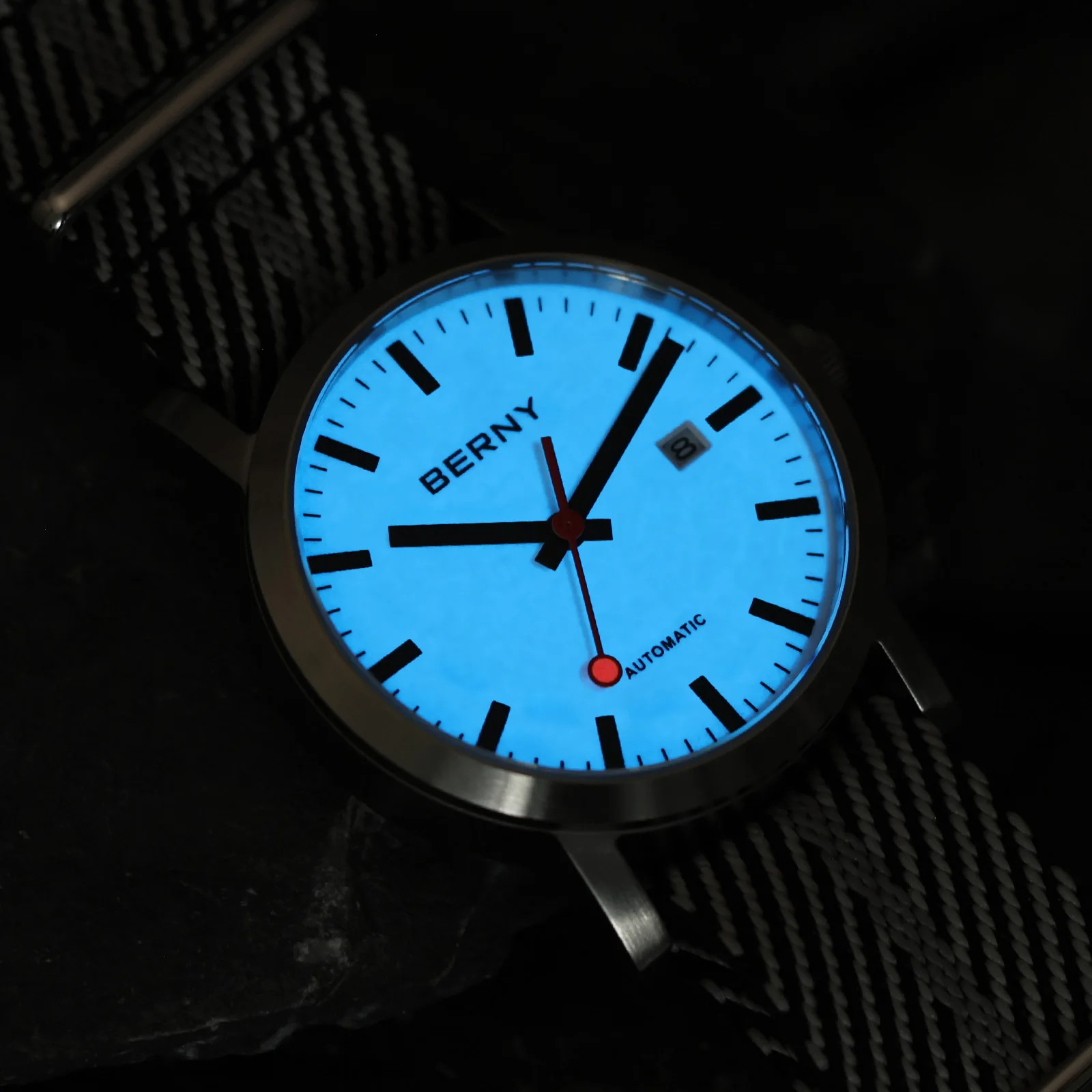 بيرني ساعة أوتوماتيكية للرجال 40 مللي متر مضيئة السكك الحديدية الوقت الهاتفي ميوتا 8215 حزام النايلون الياقوت 50 متر مقاوم للماء ساعة ميكانيكية للرجال