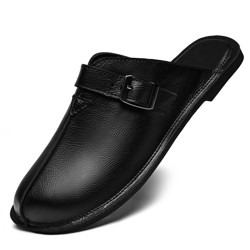 

Кожаные полуботинки для мужчин, туфли-лодочки, большой размер 46, 47, лоферы с открытой спиной, тапочки, повседневная обувь с открытой спиной, шлепанцы, сандалии без шнуровки на плоской подошве