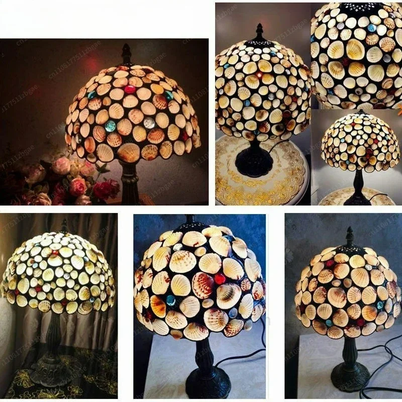 Vintage Shell Stained Glass Table Lamp Mediterranean Art Deco Desk Light For Living Room Bedside Home Lighting Fixture