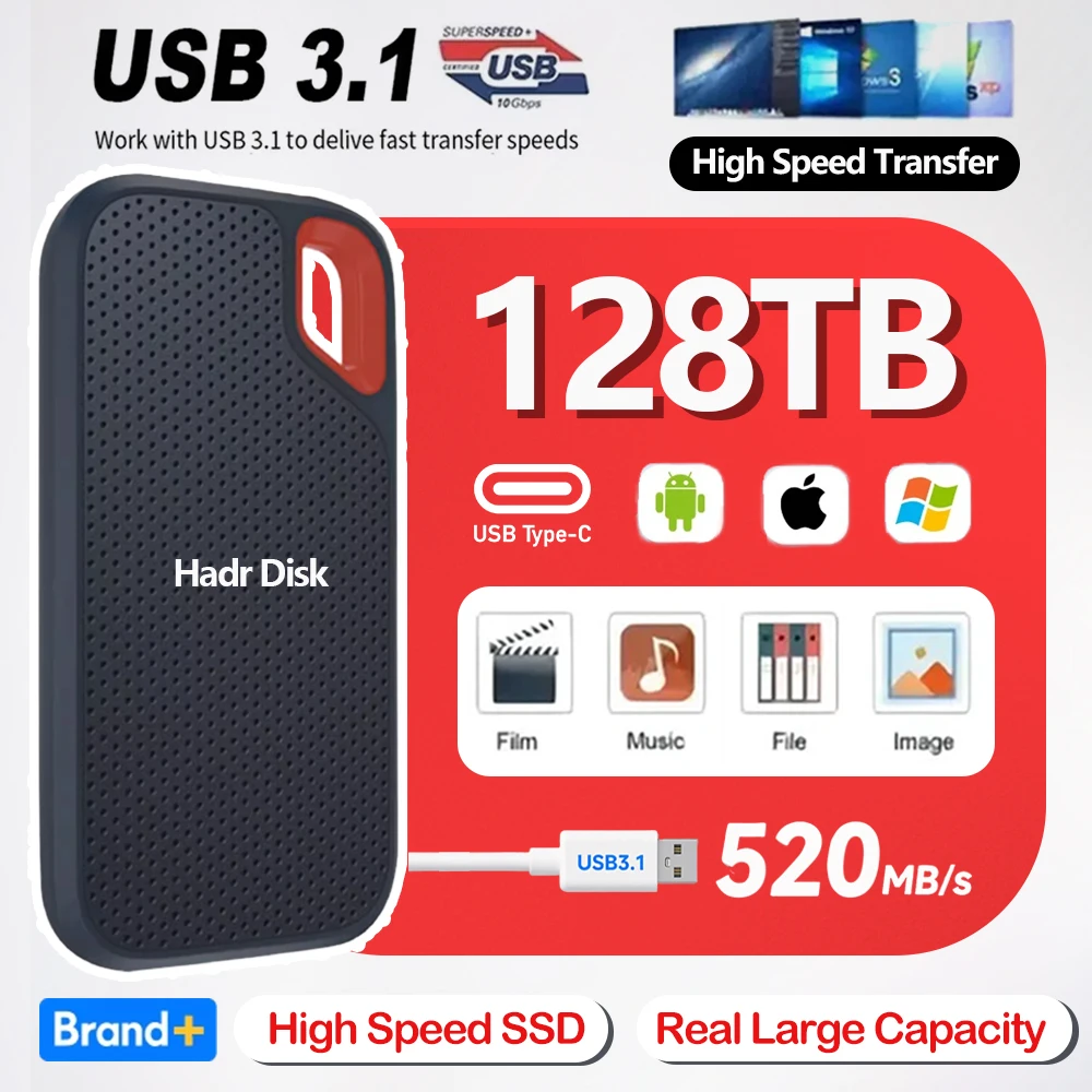 Real Portable Hard Drive 1TB External Hard Drive 4TB SSD 128TB High-speed Hard Disk USB3.2 Soild State Drives for Laptop/Mac/PC