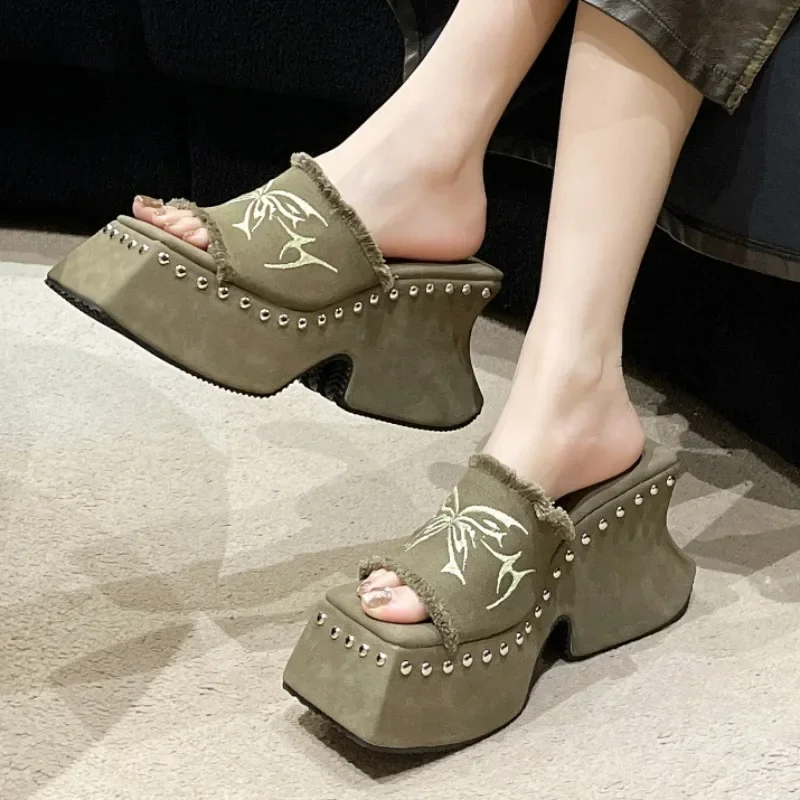 2024 Summer Women's New Platform High Heel Sandals Square Head Simple Bow Rivets Fashion Casual Open-toed Party Lady Slippers