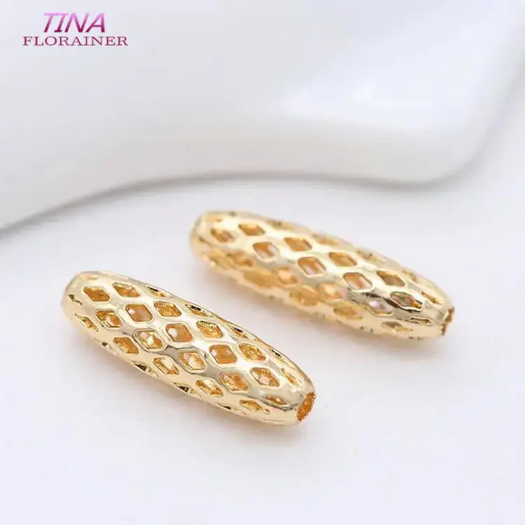 10PCS 10MM 15MM 14K Gold Color Brass Long Oval Grid Hollow Beads Spacer Beads High Quality Diy Jewelry Findings