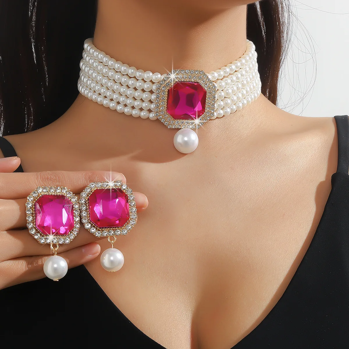 

European and American luxury multi-layer imitation pearl geometric crystal necklace earrings colorful crystal necklace fashionab