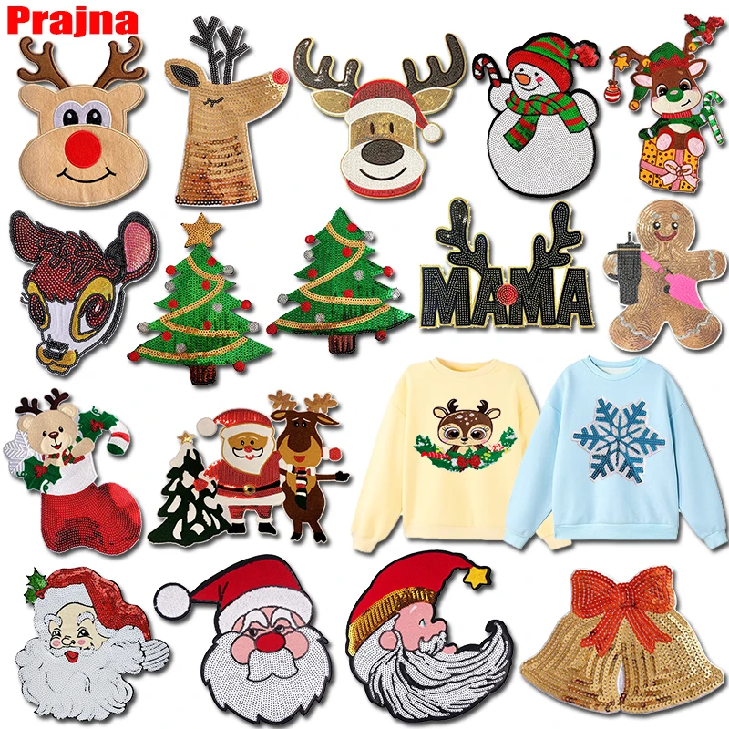 

Large Sequins Embroidery Patches Santa Claus Tree Iron On Patches For Clothing DIY Snowman Deer Patch Christmas Decorate Patch