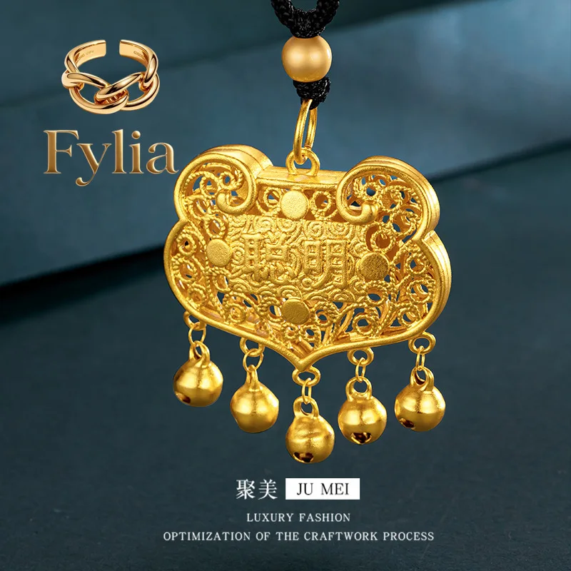 Fylia Jewelry - Colgante de candado inteligente con campana, oro duro 3D de 9999 24K, collar con candado para bebé, amuleto de la suerte para niños, candado pequeño de oro auténtico, regalo de cumpleaños