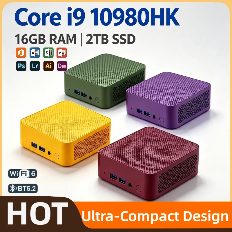 Intel Core i9-10980HK Mini Tower PC 16GB RAM 2TB NVMe SSD Triple 4K HDMI WiFi6 BT5.2 Silent Cooling Desktop Home Office