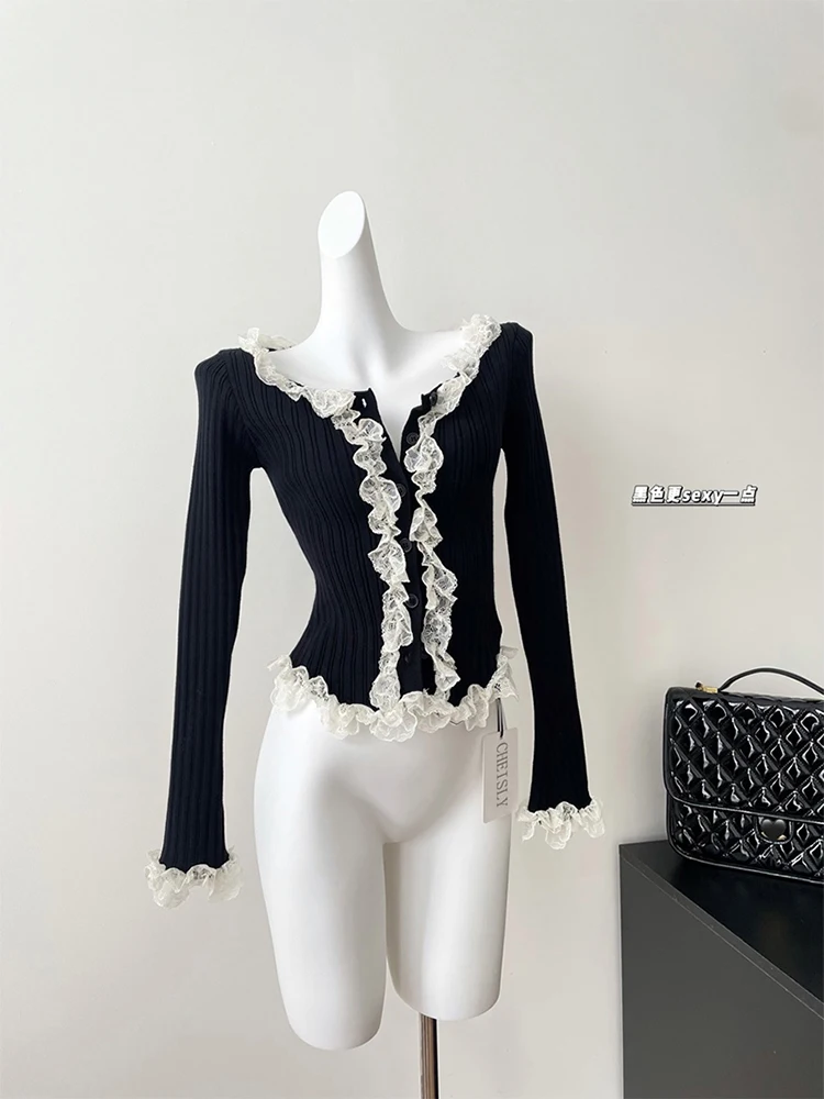 New Design Women Basic Soft Cardigan O-Neck Sweater Lace Spliced Autumn Winter Female Long Sleeve Knitted Solid Pullover Jumper