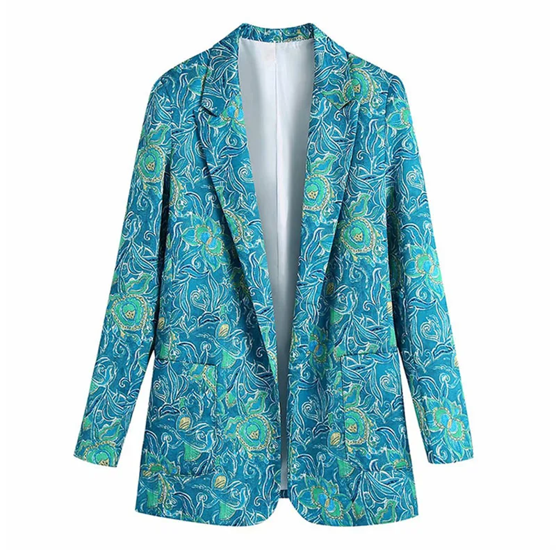 Blazer da donna con stampa floreale vintage primaverile Tasca grande Manica lunga Colletto dentellato Cardigan Cappotto Giacca da donna casual