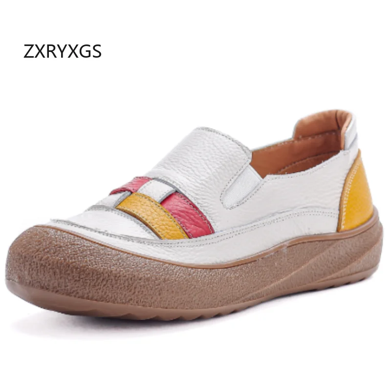 ZXRYXGS Promotion Autumn Genuine Leather Spell Colors Women Fashion Sneakers Casual Shoes Flat Thick Sole Large Size Shoes 2026