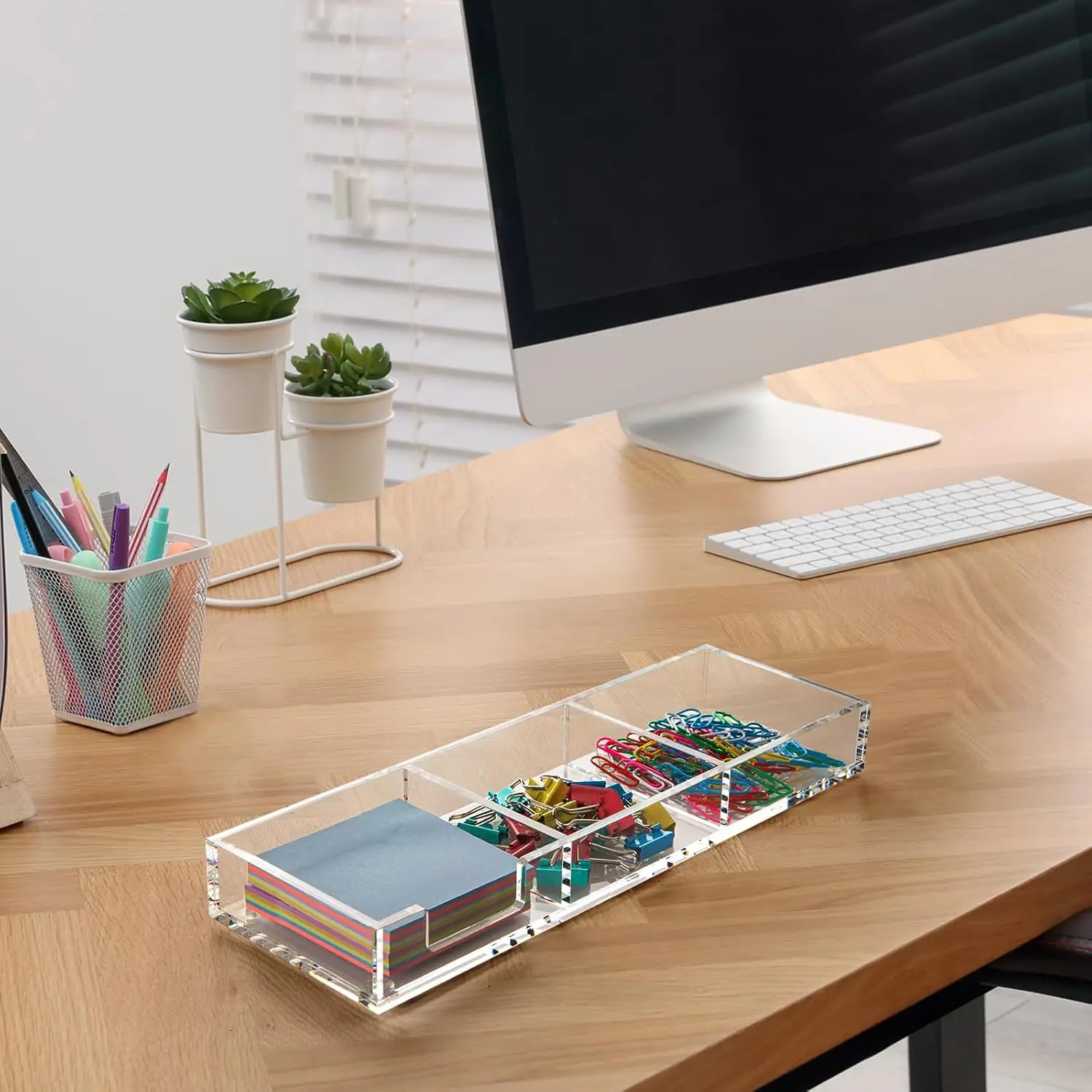 Acrylic Sticky Note Storage Box Desktop Three Grid Office Supply Finishing Box Desk Finishing Rack  Stationery Holder