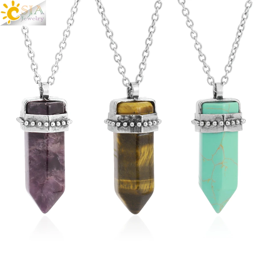 CSJA Natural Stone Hexagonal Pendant Man Necklace Reiki Crystal Pendant Stainless Steel Chain Necklaces Jewelry Father Gift H296