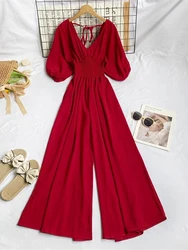 Spring Summer Women Solid Color Jumpsuits Blue/Black/Red V-Neck Puff Short Sleeve Wide Leg Romper Female Elegant Casual Rompers