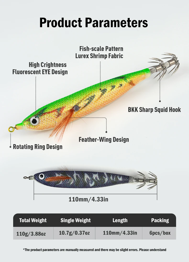 Leydun Usopp EGI Leuchtende & UV-Squid-Jigs, Garnelen-Tintenfisch-BKK-Haken, 110mm, 6er-Set, Angelköder für Oktopus, Tintenfisch, Garnelen – Detail 2
