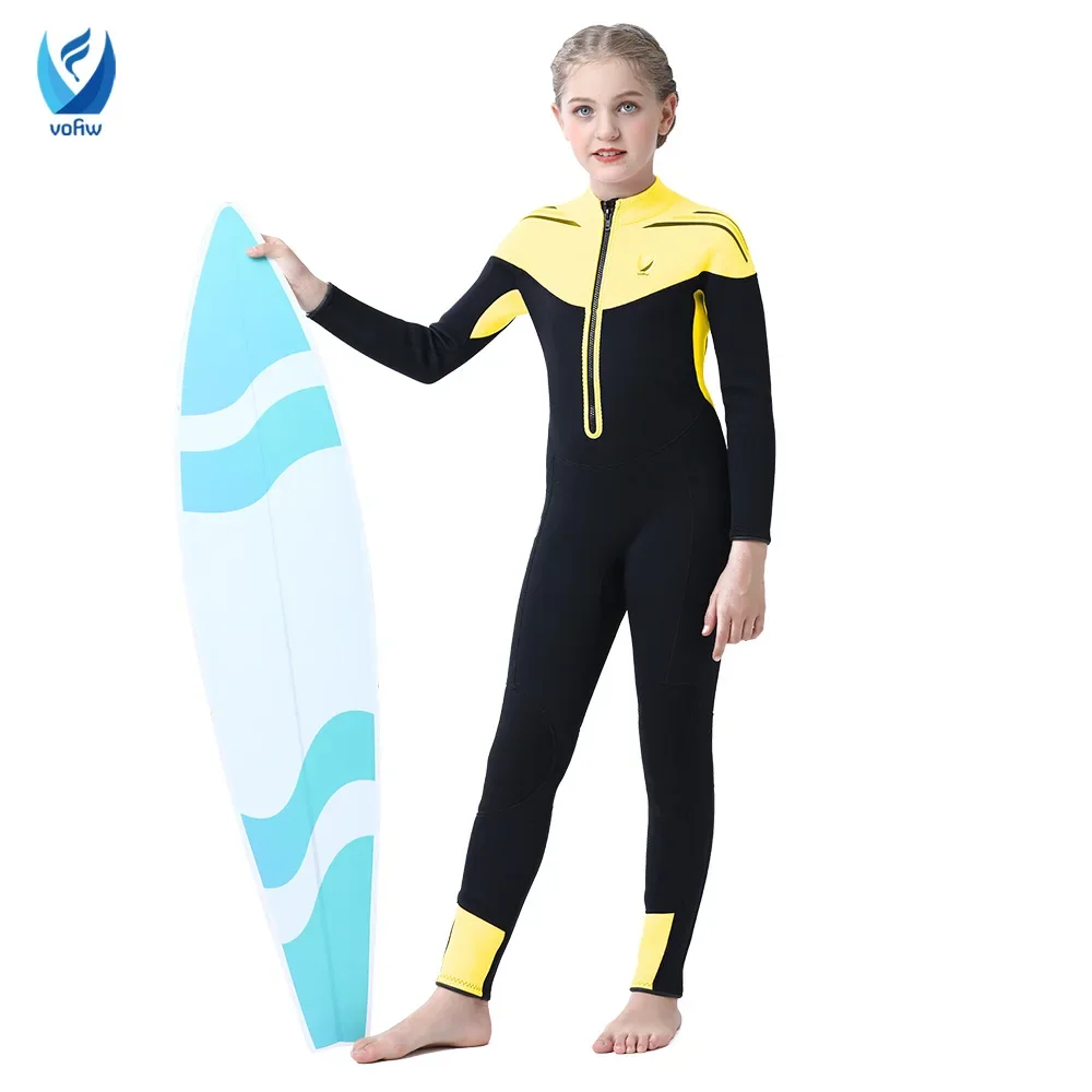 Children\'s One-piece Diving Suit Girl\'s 3mm Neoprene Plush Warm Long Sleeve Swimsuit Boy\'s Front Zipper Swimming Surfing Wetsuit