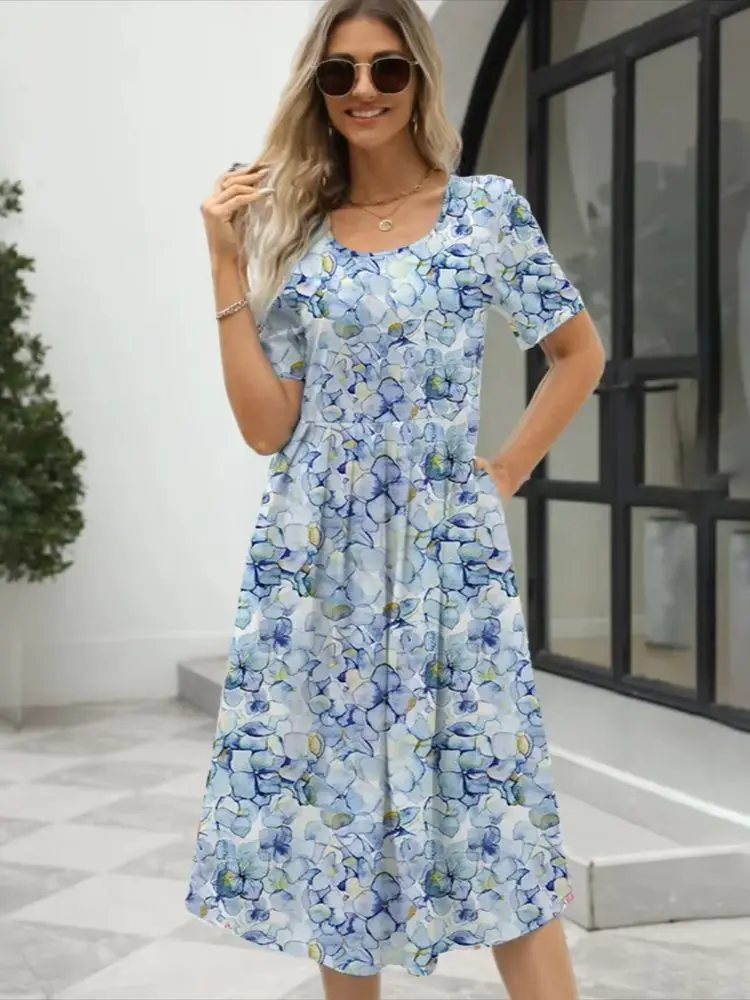 2024 Sommer-Neuheit für Europa und die USA: Elegantes Damenkleid mit Rundhalsausschnitt, Kurzen Ärmeln und Reißverschluss, Modisch Bedruckt – Detail 2