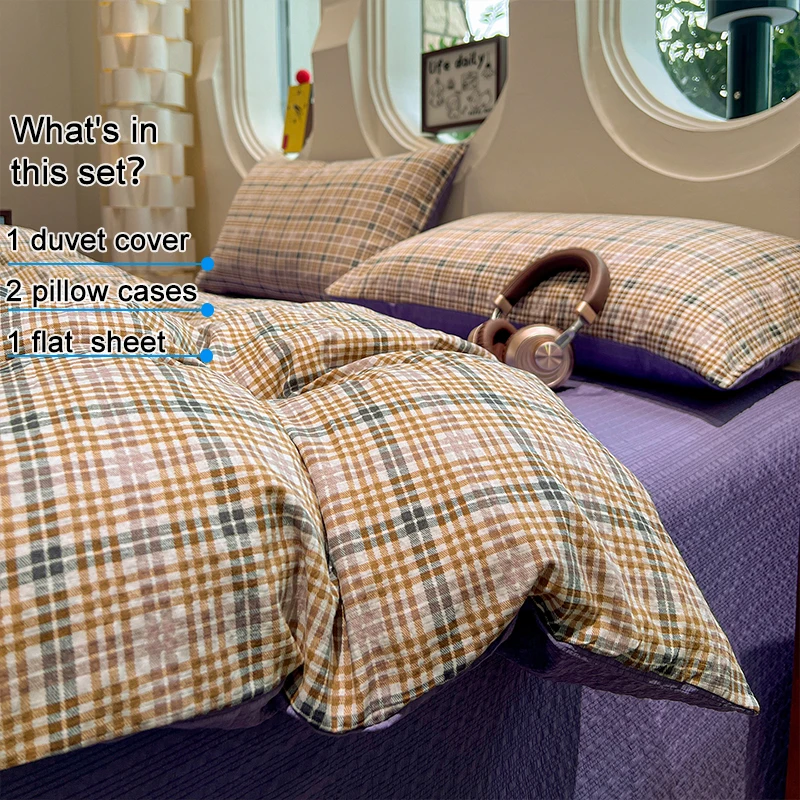 Vintage Plaid Bedding Set 4‑Pieces,Soft Breathable Duvet Cover Flat Sheet 2 Pillowcases,Casual Retro Bed Sheet,Wrinkle‑Resistant