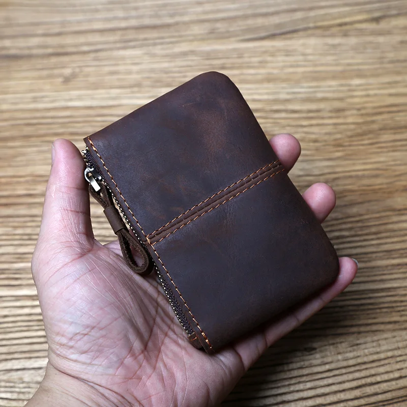 2024 Retro verrückte Pferd Leder Männer kleine Brieftasche handgemachte Reiß verschluss Fahrer Lizenz ultra dünne Schlüssel Münzen Karten halter schlanke Beutel