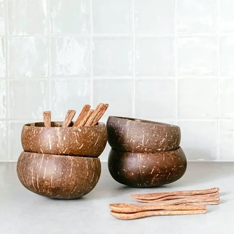 12-15cm  Natural Coconut Bowl Coconut Wood Spoon Set wooden Salad Ramen bowl coco smoothie Kitchen tableware Coconut bowl