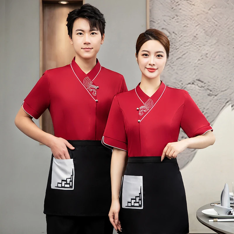 Hotel Waiter Short Sleeve Chinese Style Work Uniform, Summer Wear for Tea House Restaurant Catering Hot Pot
