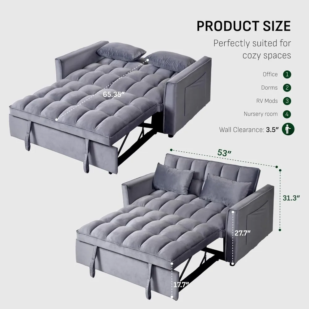 Convertible Sofa Bed, 3-in-1 Loveseat Sofa Couch w/Backrest, Pull Out Couch w/ 2 Pillows & 2 Side Pockets, Futon Sleeper Couch