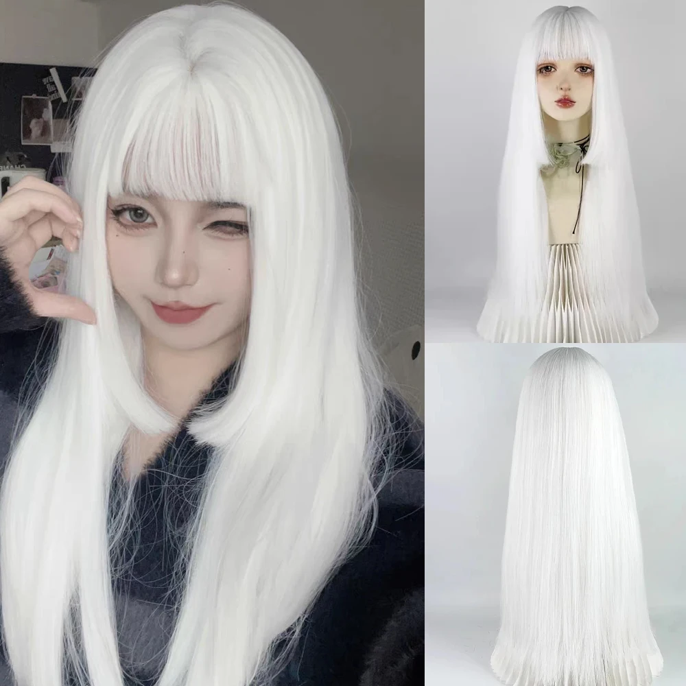 

White Synthetic Long Women Straight Wig with Bangs Natural Lolita Cosplay Fluffy Hair Wig for Daily Party