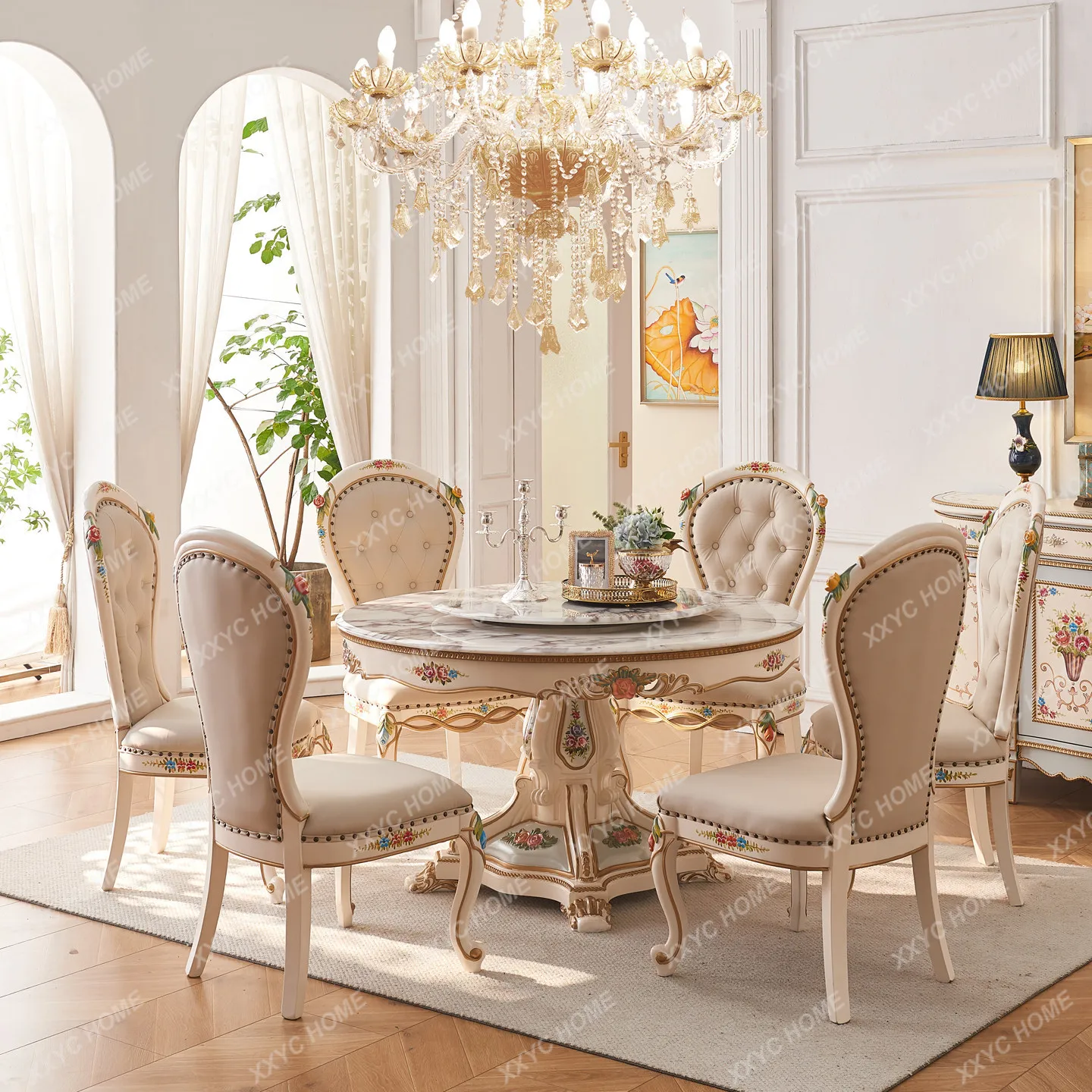 painted floral Rococo-style large solid wood home luxury marble round dining table