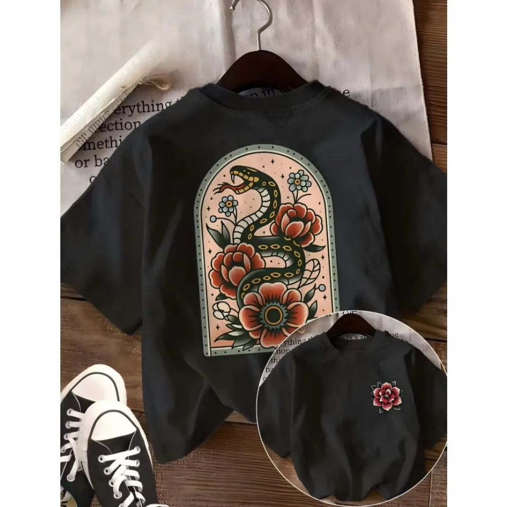 Floral Snake Graphic T Shirt Vintage Tattoo Style Tee Retro Aesthetic Harajuku Streetwear Top Casual Unisex Short Sleeve Shirt