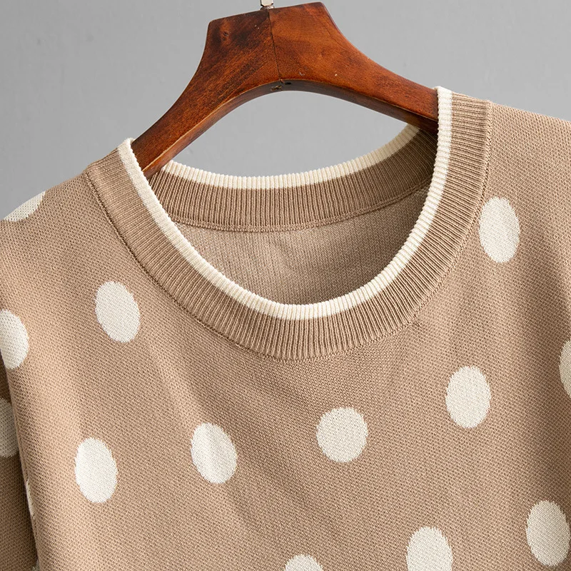 Polka Dot Design Knitted 2 Piece Sets Women O-neck Short Sleeve Pullover Tops Conjuntos Korean High Waist Skirts Knitwear Outfit