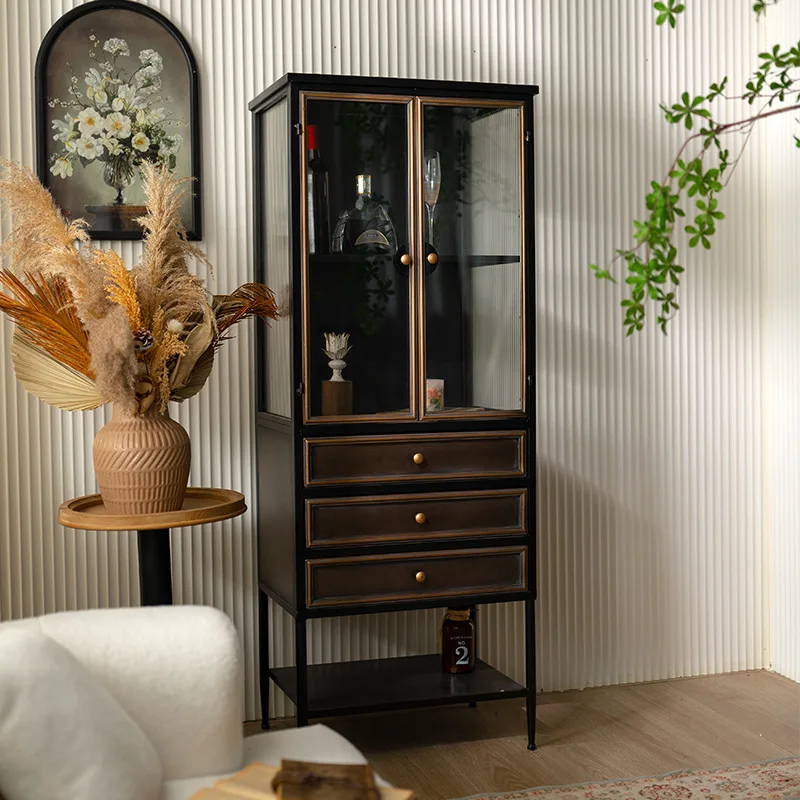 Industrial style wrought iron display cabinet three-sided glass living room display cabine loft multi-drawer wine cabint figur