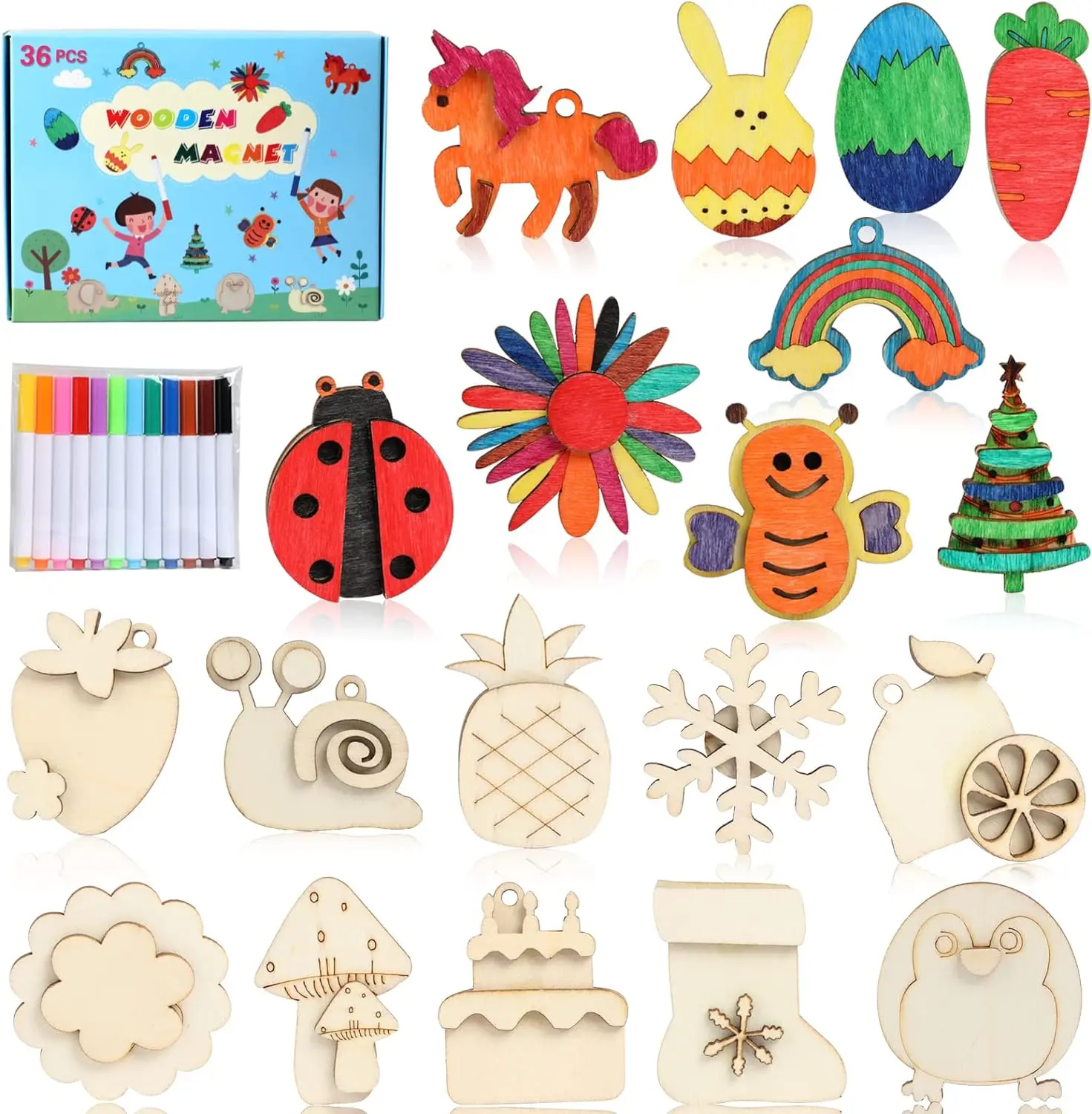 

DIY Wooden Magnets, 36 pcs Wooden Art Craft Supplies Painting Kit for Kids Party Favors for Boys Girls Ages 4-8 8-12 Birthday Ea