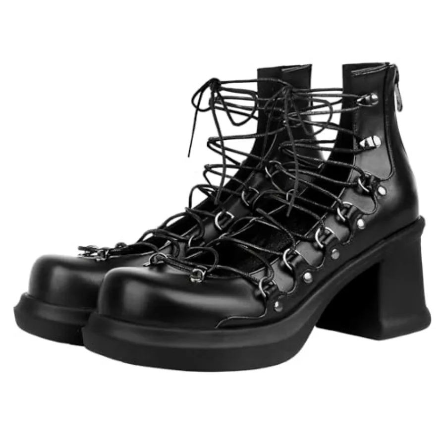 

Parisuit Womens Black Goth Platform Shoes Lace Up Chunky High Heels Pumps Round Toe Lolita Cosplay Shoes with Back Zip