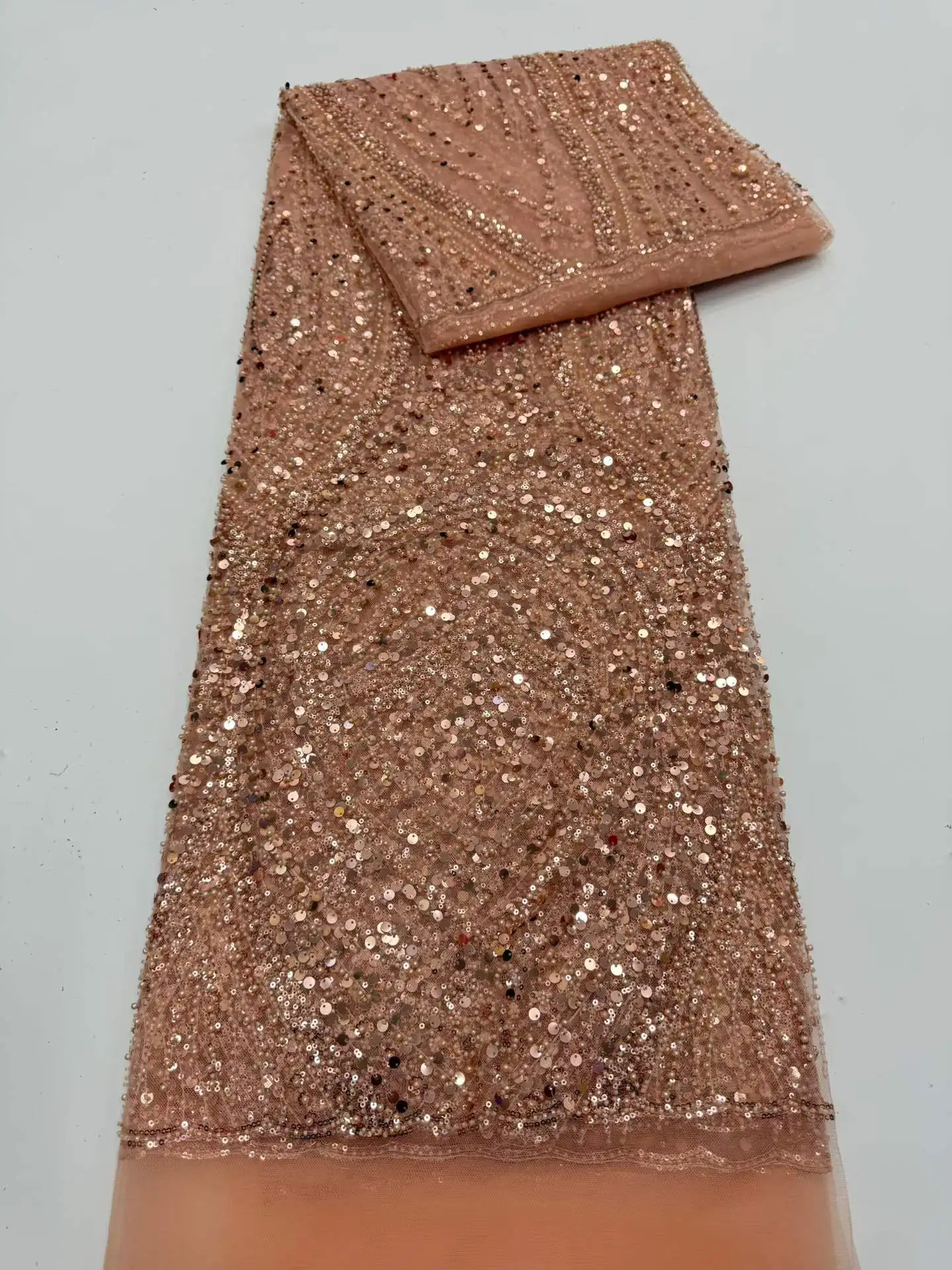 Brown African Beaded Mesh Lace Fabric Embroidery Sequins French Tulle Lace for Nigerian Wedding Party Dress 5 Yards SZ2703 image 3