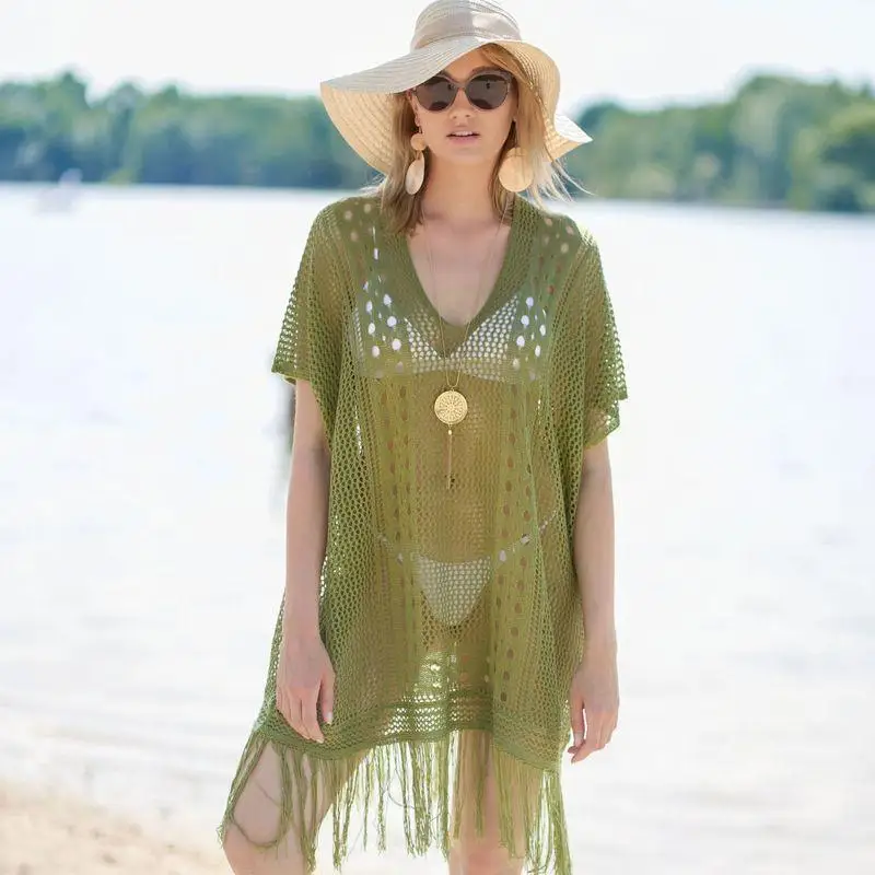 

Tassel Lace Crochet Bikini Cover Up with Fringe Trim Women Sexy Hollow Tunic Beach Dress Summer Bathing Suit Beachwear Robe