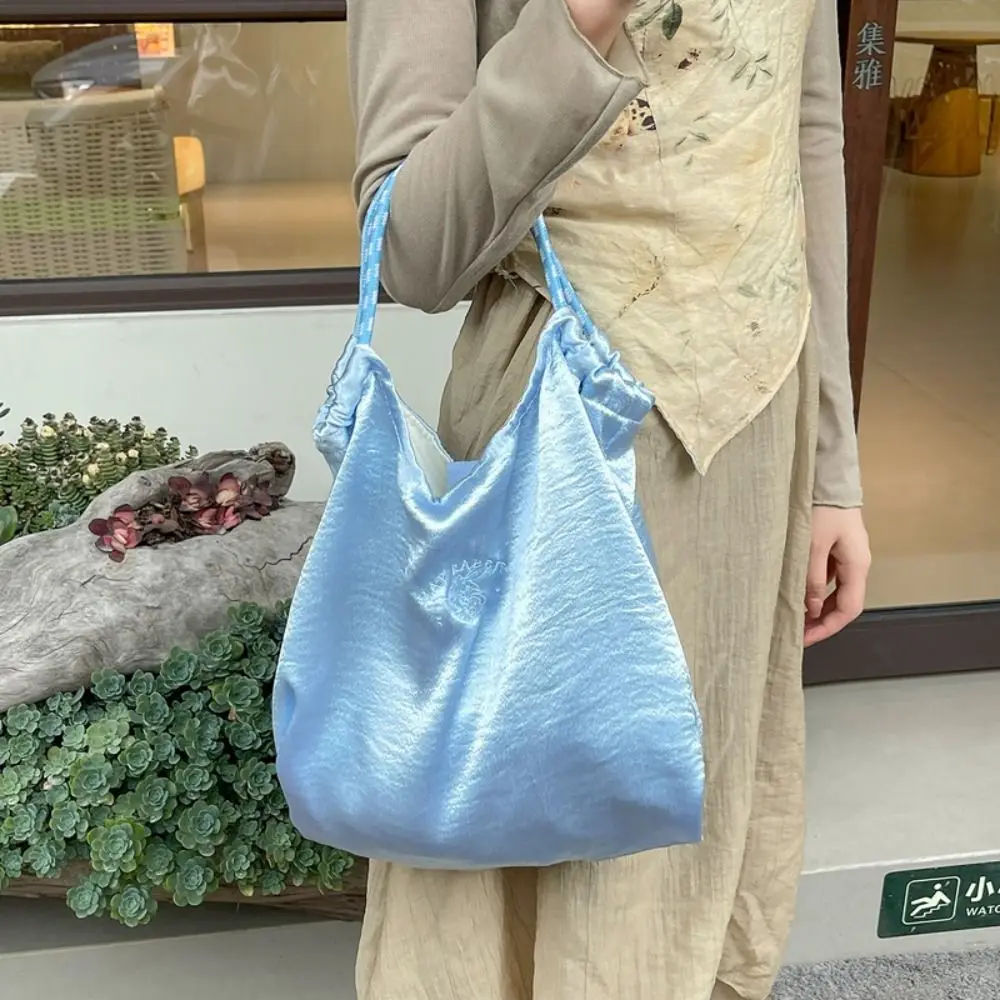 Large Capacity Satin Shoulder Bag Korean Style Underarm Bag Pure Color Tote Bag Lightweight Drawstring Handbag Streetwear