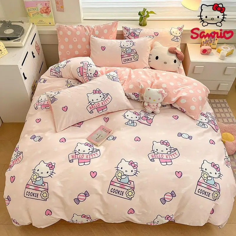 New Cute Sanrio Hello Kitty Bedding Set Cotton Four Piece Bedding Double Pillowcase Bed Linens Girl Dorm Bedclothes Home Textile