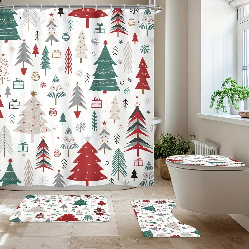 1/4pcs - Vector Tree Curtain Set, Cute Snowflake Winter Holiday Merry Christmas Modern Waterproof Shower Curtai