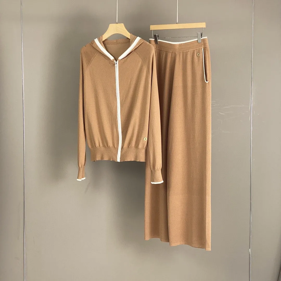 2025 ربيع/صيف جديد الحرير القطن المخلوطة كل مباراة محبوك هوديي أعلى عارضة مستقيم واسعة الساق السراويل دعوى