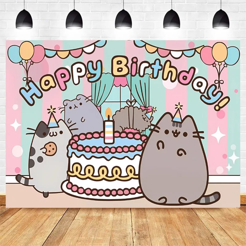 Pusheen Birthday Backgrounds Photography Backdrops Anime Fat Cats Vinyl Wall Hanging Decorations Cute Kids Party Prop Supplies