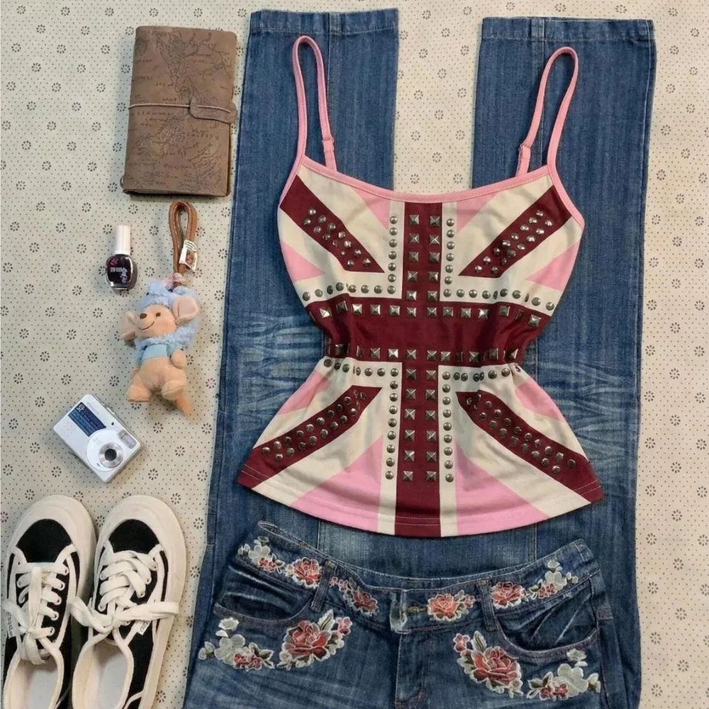 Camisole Sexy Hot Girls America Print Grunge Halter Vest Vintage Punk Slim Crop Top Female Tank Baby Tee Y2k Punk Harajuku Camis