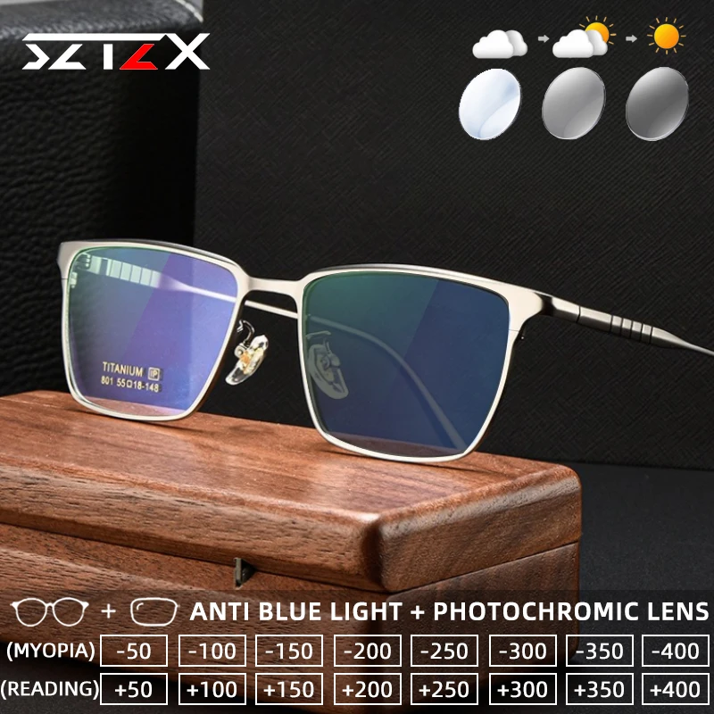 

SZTZX Versatile Durable Titanium Photochromic Reading Glasses Anti Blue Light Myopia Glasses Progressive Prescription Eyewear