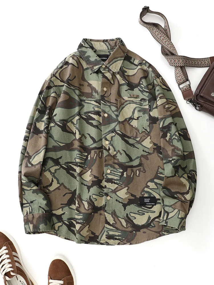

American Style Vintage Camouflage Long Sleeve Workwear Multi Pocket Men's Loose Casual Shirt Trendy Outerwear Breathable Cotton