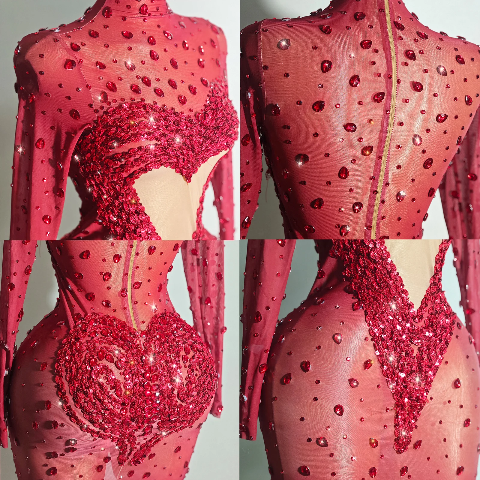 Crystals Stones Sequins Skirt Mesh Stretch Dance Long Sleeves Dress Evening Birthday Celebrate Stage Wear Performance Drag Queen view 6