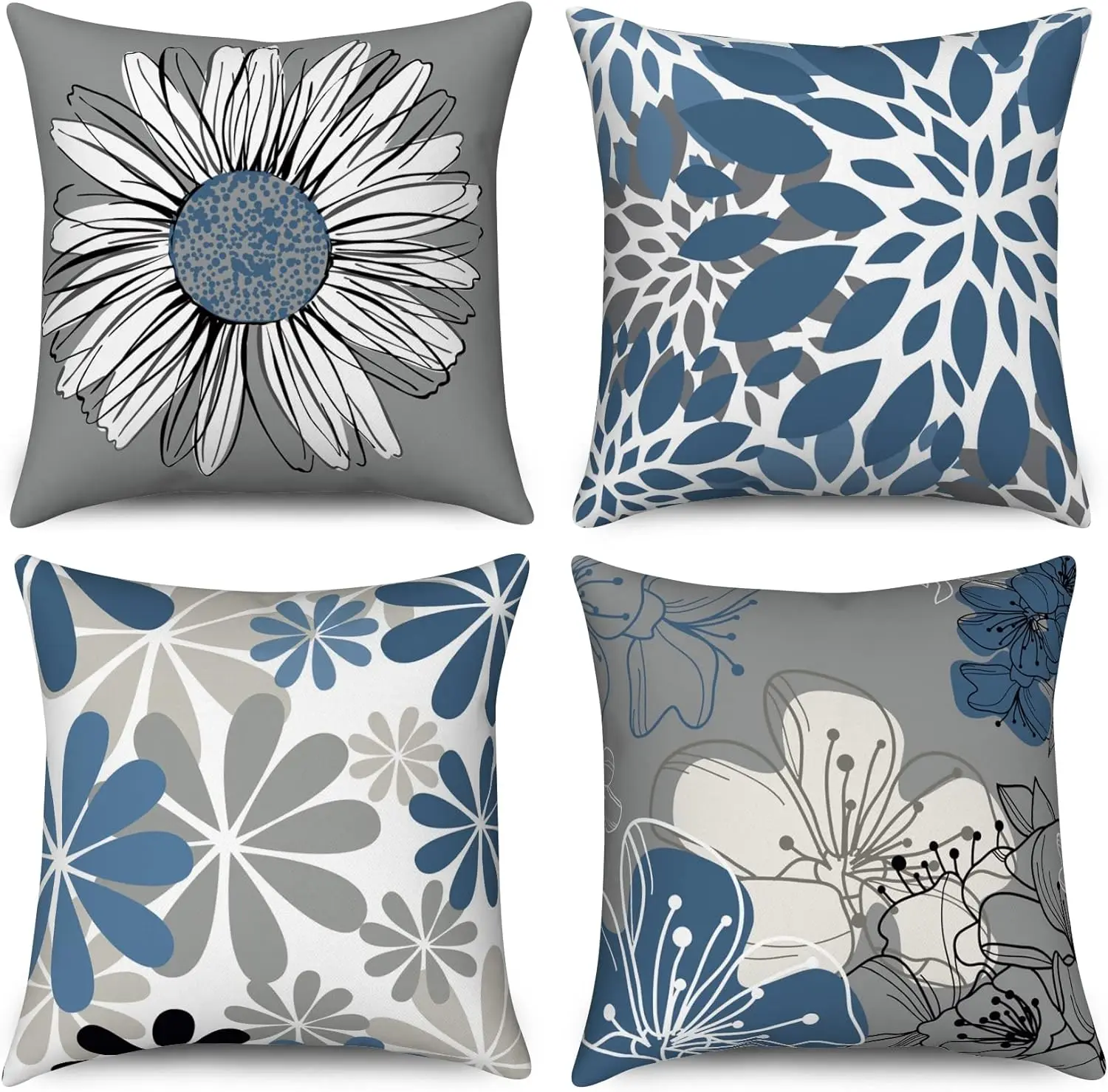 4pcs Blue Gray Floral Cushion Covers, Modern Daisy & Leaf Print Pillow Cases for Sofa Bedroom Living Room Decor 45x45cm