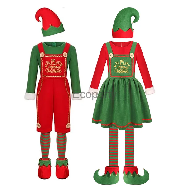 

2024 Adult Kids Christmas Santa Claus Costume Boy Girls Green Elf Cosplay Dress Hat Socks Set Women New Year Xmas Party Outfits