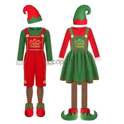 2024 Adult Kids Christmas Santa Claus Costume Boy Girls Green Elf Cosplay Dress Hat Socks Set Women New Year Xmas Party Outfits