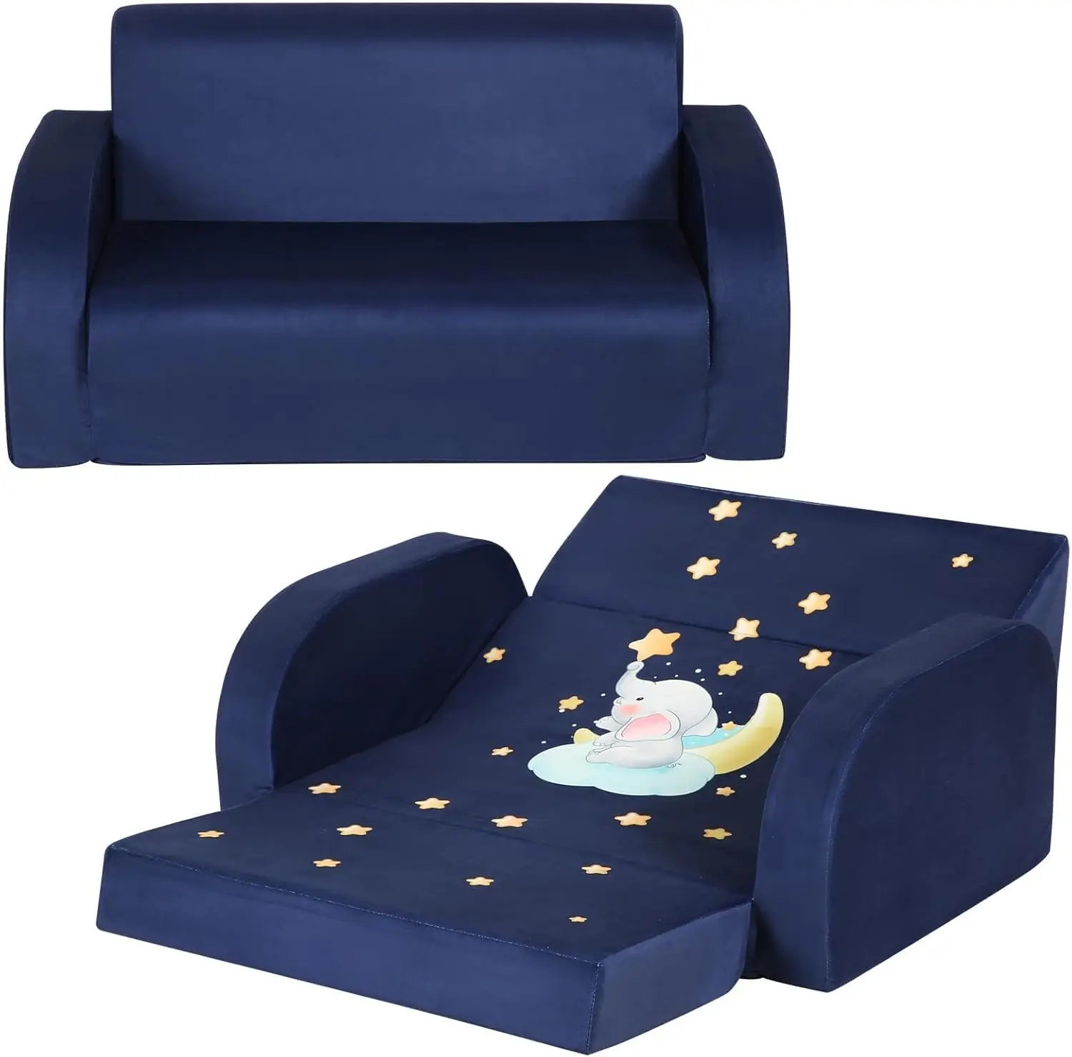 Sofá infantil 3 em 1, sofá infantil de veludo com design flip, espreguiçadeira extra larga azul marinho