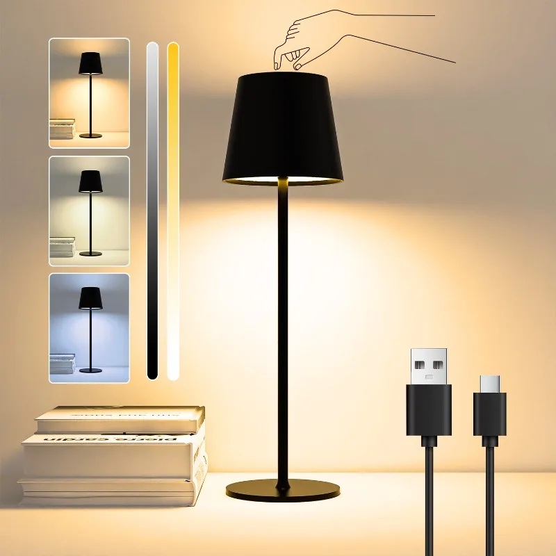 3-Color Touch Lamp Wireless Rechargeable LED Desk Light with Adjustable Brightness Ambient Light for Party Restaurant and Bars